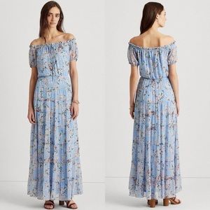 NWT Ralph Lauren Floral Georgette Maxi Off The Shoulder Dress Blue Size 14